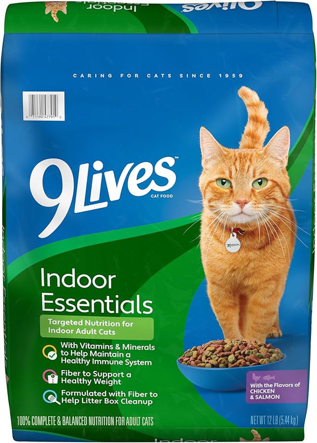 9Lives Indoor Essentials Dry Cat Food for Adult Cats with Chicken & Salmon Flavors, 12 lb. Bag