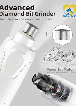 Casfuy Dog Nail Grinder Quiet - (45db) 6-Speed Pet Nail Grinder with 2 LED Lights for Large Medium Small Puppy Dogs/Cats, Professional 3 Ports Rechargeable Electric Dog Nail Trimmer with Dust Cap