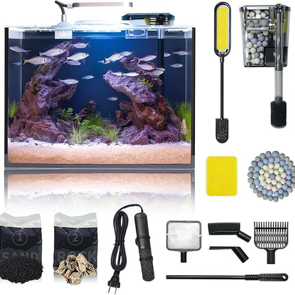 5 Gallon Small Aquarium Set Glass Fish Tank 6 Gallon, Starter Kit with Heater Water Pump Cleaning System Filter Bright Light Rocks Gravel Cleaning Tool, Leak-Proof Clear Rimless Betta Plants