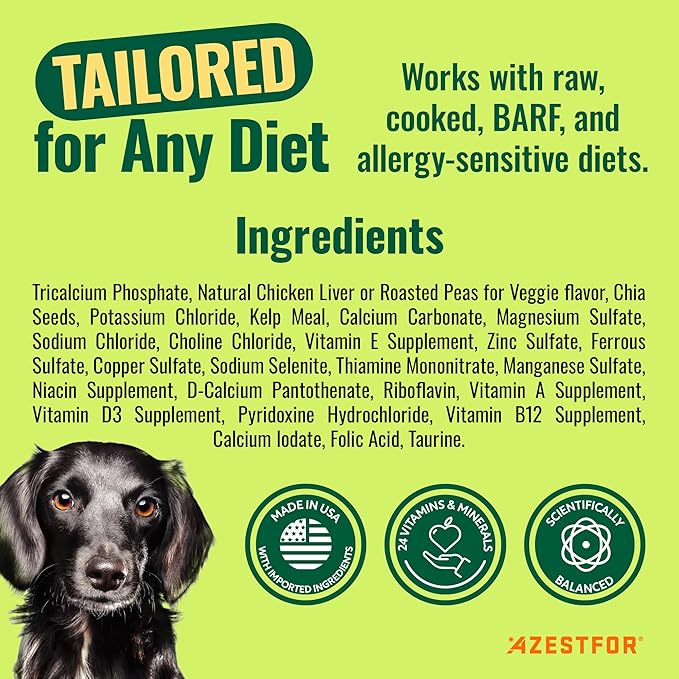 Azestfor Homemade Dog Food Vitamins Pre-Mix Powder – 24 Essential Nutrients – Supplement for Raw, Barf & Grain Free – for All Breeds & Ages – 16oz Veggie Flavored