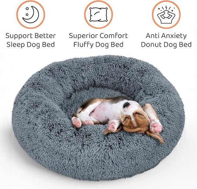 Donut Dog Bed - Premium Comfort for Anxiety Relief - Fluffy & Calming Design with Ultra-Plush Support | Cozy Round Dog Bed with Super Soft Circle Style (Dark Grey, Large)