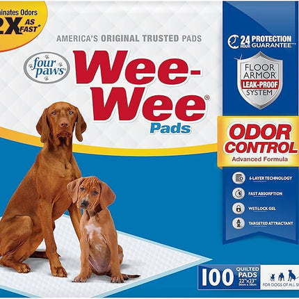 Four Paws Wee-Wee Odor Control Advanced Formula Unscented Pee Pads for Dogs & Puppies, Leak-Proof Housebreaking Potty Training Floor Protection, 22" x 23", 100 Count