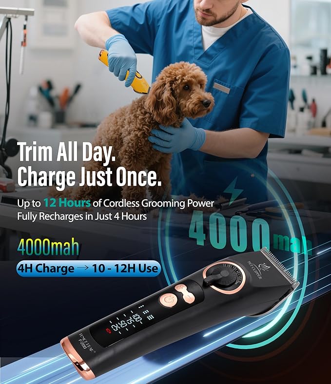 Professional Dog Grooming Clippers with 12H Runtime & Replaceable 440C Blade, 3-Speed Low Noise Electric Dog Shaver for Thick, Matted, Curly Hair, Cordless Clipper for Groomer & Home Use, Black