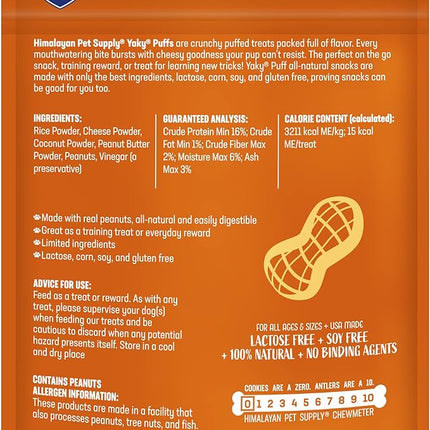 | yakyPUFF Himalayan Cheese Treats | Lactose Free | Gluten Free | Grain Free | USA MADE | For All Breeds | Peanut Butter Flavor Crispy Puffed Treat