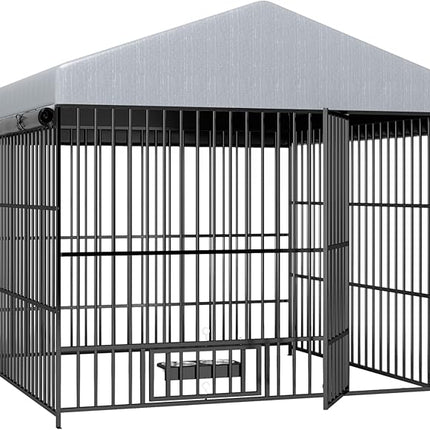 Large Outdoor Dog Kennel with Roof, 6.6’ x 6.6’ x 6.4’ Metal Pet Enclosure, UV & Weatherproof, Spacious Dog Run with Adjustable Feeders Suitable for Dogs, Chickens, Rabbits & More