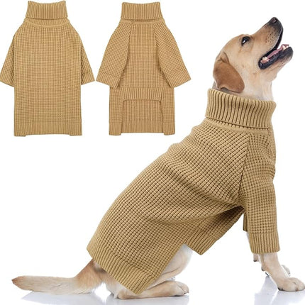 Queenmore Large Dog Sweater, Long Sleeve Knitted Dog Sweater with Check Pattern, Fall Winter Warm Pet Sweaters, Solid Pull-on Pet Sweater for Cats, Brown L