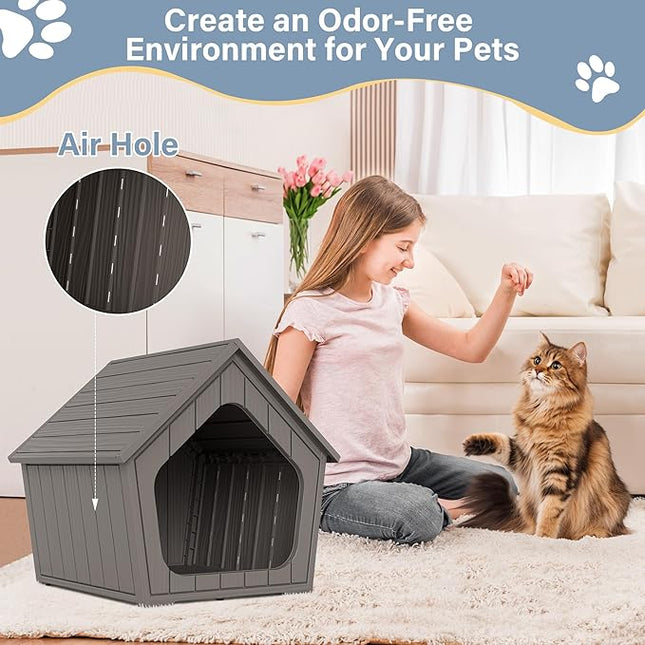 LHBcraft Outdoor Cat House, Cat Houses for Outdoor Indoor Cats, Clawsable Feral Cat House Shelter Weatherproof, Air Holes,Durable Resin Material for Garden, Patio, Easy to Assemble, Coffee