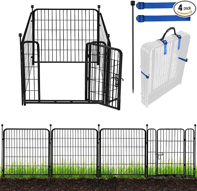 ADAVIN Tall Garden Fence with Gate,40 in(H) 4 Panels Animal Barrier Fence, Black Heavy Duty Iron Metal Fencing Border, Indoor or Outdoor Dog Playpen, No Dig RV Fencing for Yard. Total 8.9 FT(L)