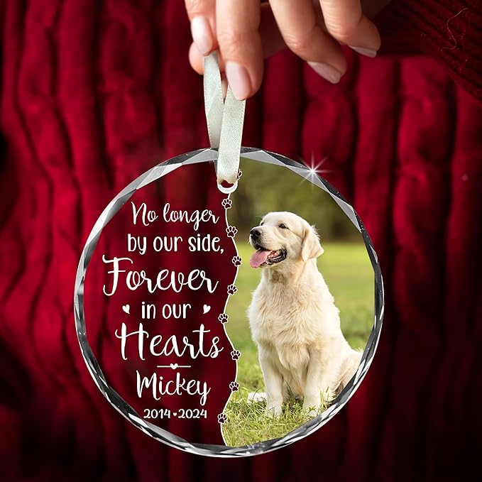 [Printed in The USA] Personalized Memorial Pet Glass Ornament - Custom Photo, Name & Dates - Forever in Our Hearts Valentine's Day Tribute for Your Dogs- Valentine's Gift for Dog Loves