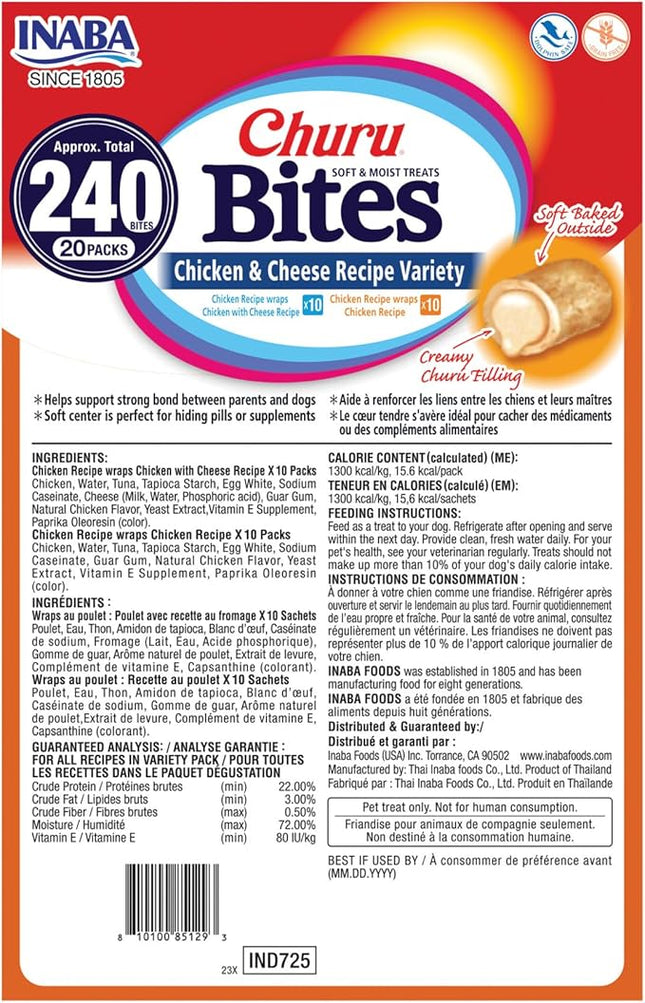 INABA Churu Bites for Dogs, Soft & Chewy Dog Treats with Vitamin E, 0.42 Ounces Each Tube, 20 Tubes, Chicken & Cheese Variety Box