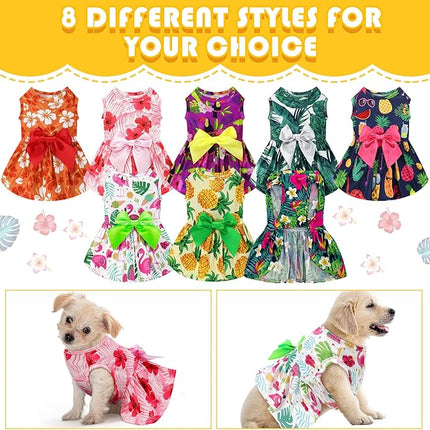 LEIFIDE 8 Pcs Summer Themed Hawaii Dog Dresses Holiday Flamingo Fruit Floral Pattern Pet Skirts Hawaii Puppy Princess Dresses Outfits Bowknot for Girl Dogs Cats Beach(Medium)