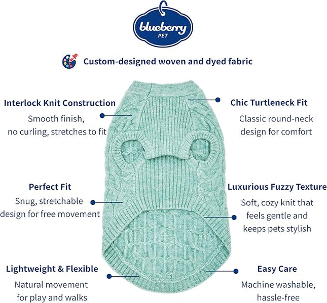 Blueberry Pet Classic Fuzzy Knit Dog Sweater, Crew-Neck Pullover in Heathered Jade, Christmas Style, 10” Back Length, Super-Soft & Cozy