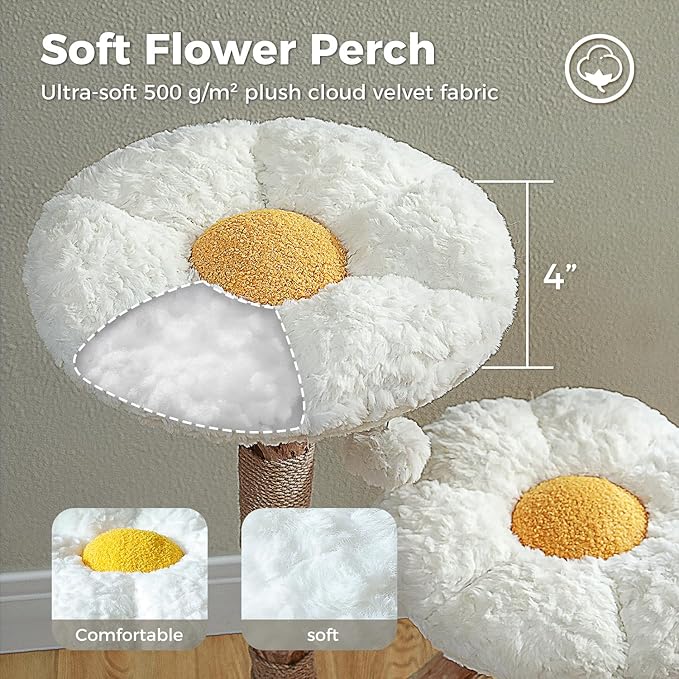 Wood Flower Cat Tree, Modern Cat Tower with Real Wood Branches, Luxury Boho Furniture with Scratching Post and 2 Perches, Cat Climbing Tower for Indoor Cats, Cloud White