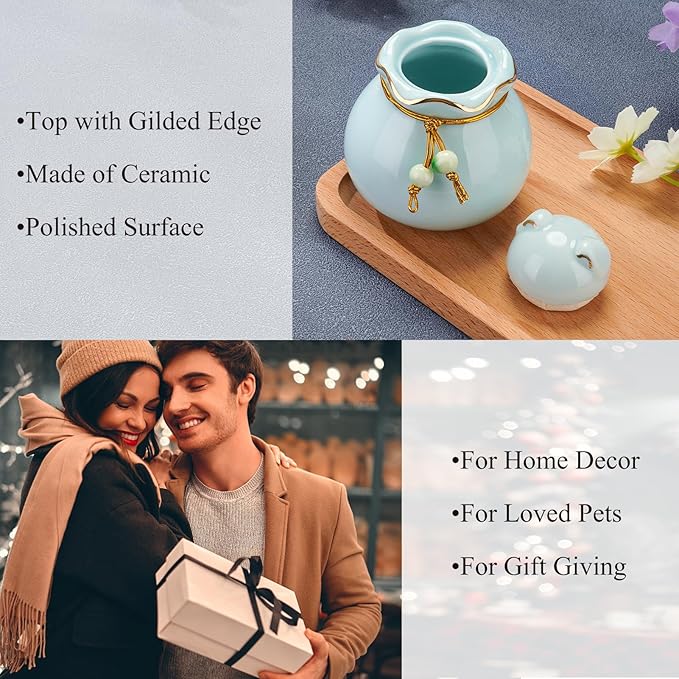 SOITIS Pet Memorial Urn for Cat or Dog Ashes - 3.54"x3.15" Elegant Ceramic Keepsake with Cat-Shaped Lid & Gold Trim, Small Blue Urn for Pet Ashes