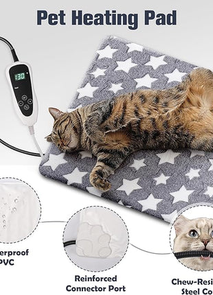 Cat Heating Pad, Waterproof Pet Heating Pad for Cats Dog Indoor, 11 Adjustable Temperature Cat Warming Bed Mat with Timer, Indoor Heated Bed with Chew Resistant Cord (S: 18'' L X 18W '')