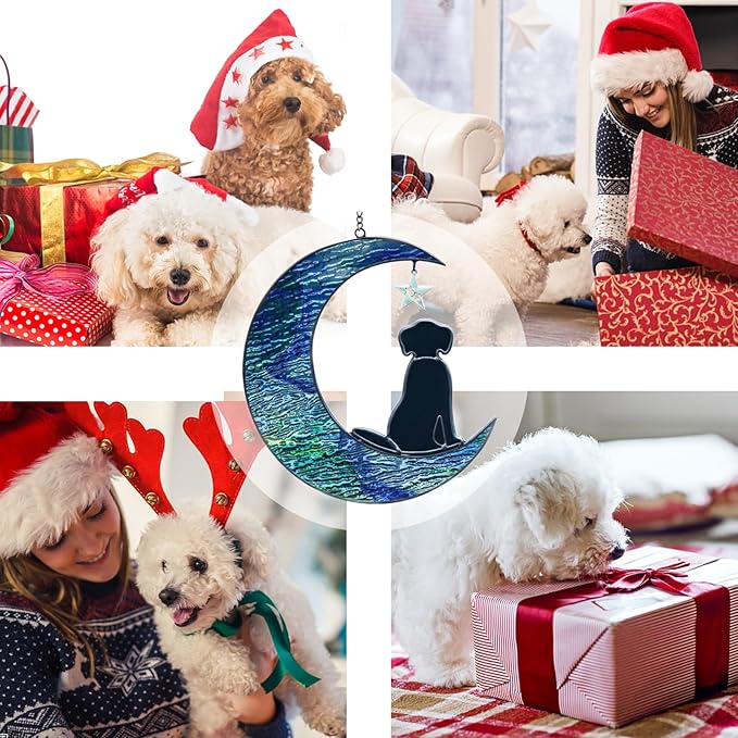 Stained Glass Dog Decor Moon Window Hanging Suncatcher Pet Memorial Present Sympathy Gift for Dog Lovers