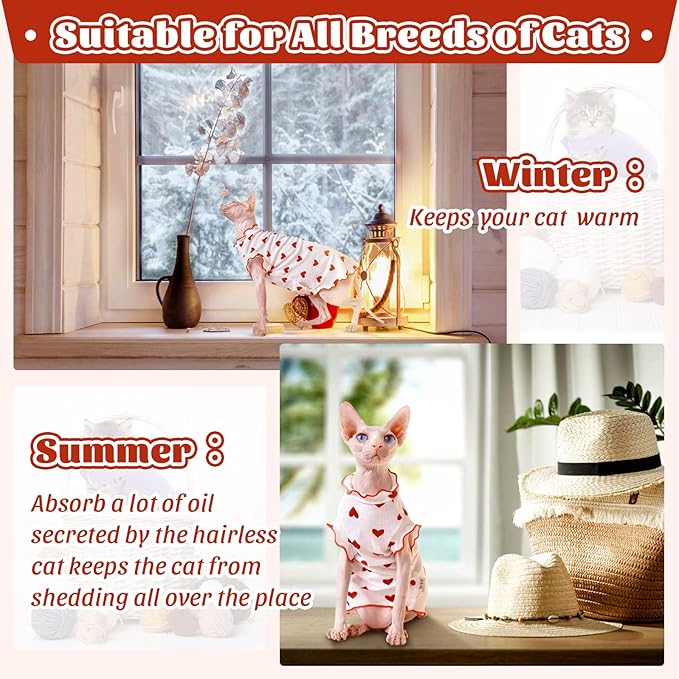 DENTRUN Heart Pattern Sphynx Hairless Cats Shirt, Kitten T-Shirts with Perlin Sleeves, Breathable Cat Wear Cute Sweater Adorable Hairless Cat's Clothes Vest Pajamas Jumpsuit