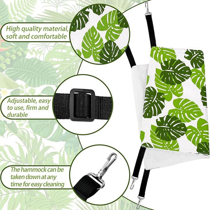 2 Pieces Reversible Cat Hanging Hammock Soft Breathable Pet Cage Hammock with Adjustable Straps and Metal Hooks Double Sided Hanging Bed for Small Dogs Rabbits(Monstera Leaf,L)