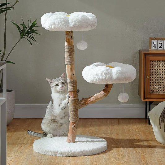 Wood Flower Cat Tree, Modern Cat Tower with Real Wood Branches, Luxury Boho Furniture with Scratching Post and 2 Perches, Cat Climbing Tower for Indoor Cats, Cloud White