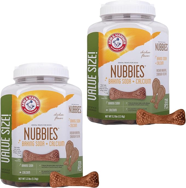Arm & Hammer for Pets Nubbies Dental Treats for Dogs with Baking Soda and Calcium, Treat Chews Help Fight Bad Breath, Plaque & Tartar, Chicken, Value Bucket, 139 Pcs, 2-Pack (Packaging May Vary)
