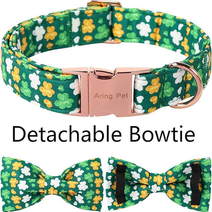 ARING PET St Patrick's Day Dog Collar, Cute Green Clovers Adjustable Shamrock Bowtie Pet Collar for Small Medium Large Girl Boy Dogs-M