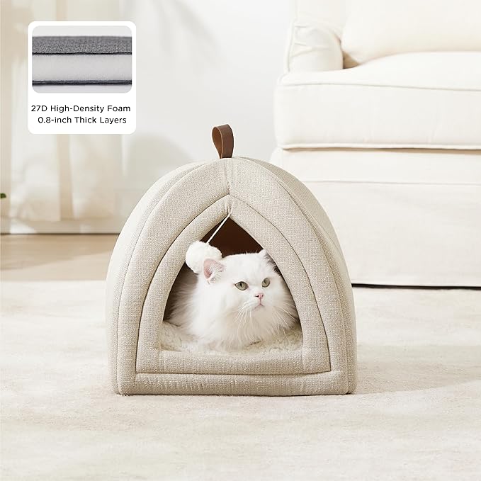 Bedsure Cat Beds for Indoor - 2 in 1 Cat Cave House Tent for Kittens and Small Pets with Removable Washable Cushioned Pillow, Foldable Kitten Hideaway with Non-Slip Bottom, Beige, 16 inches