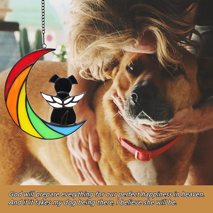 Stained Glass Rainbow Bridge Dog Memorial Gifts for Loss of Dog Sympathy Remembrance Suncatcher, Angel Wings Pet Loss Bereavement Gifts in Memory of Pet Passing Away Window Hanging.
