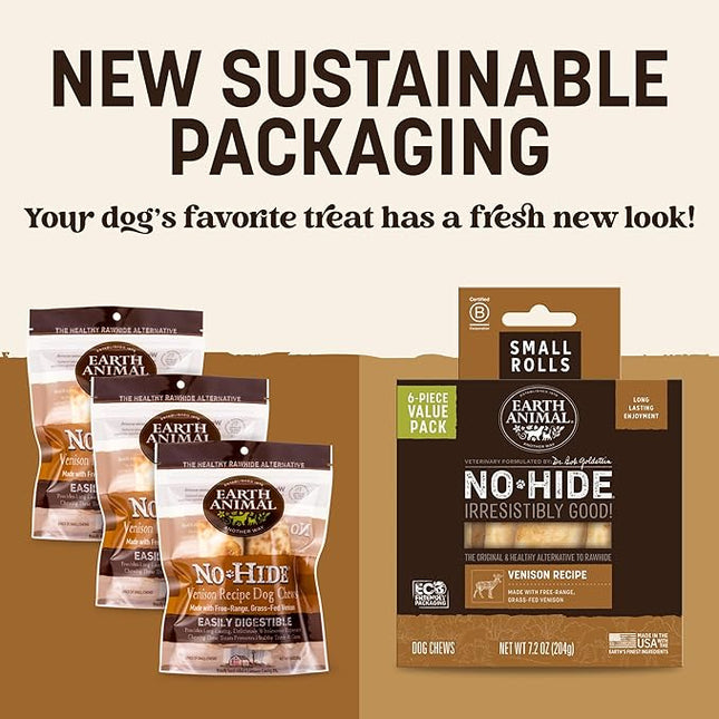 Earth Animal No Hide Chews - Long Lasting Rawhide Free Small Dog Chews Rolls, Venison - 6 Count