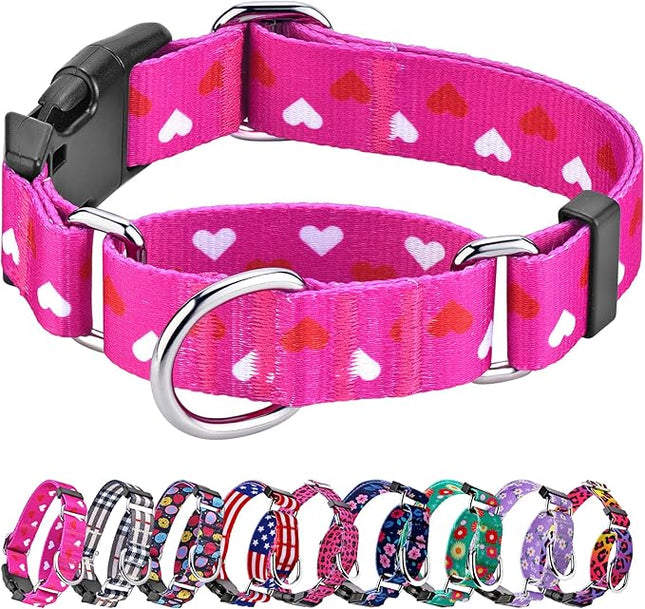Hikiko Valentine's Day Dog Collar for Small Medium Large Dogs Adjustable Heart Martingale Collars with Quick Release Buckle (Pink Love,L)