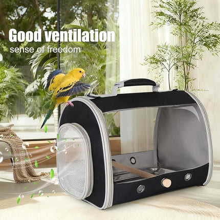 Bird Carrier, Portable Small Bird Cockatiel Conure Parrot Parakeet Carrier with Standing Perch and Stainless Steel Tray, Side Access Window Collapsible (Black, Cylinder Design - Clear)