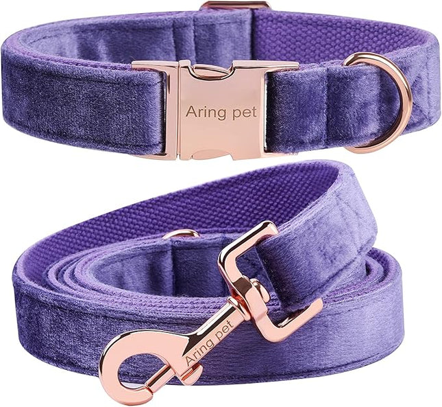 ARING PET Velvet Dog Collar and Leash Set, Soft Purple Dog Collar and Leash, Adjustable Collars for Dogs