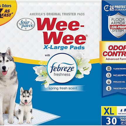 Four Paws Wee-Wee Odor Control with Febreze Freshness Pee Pads for Dogs & Puppies, Leak-Proof Dog Housebreaking Potty Training Floor Protection, Spring Fresh Scent, 28" x 30", 30 Count