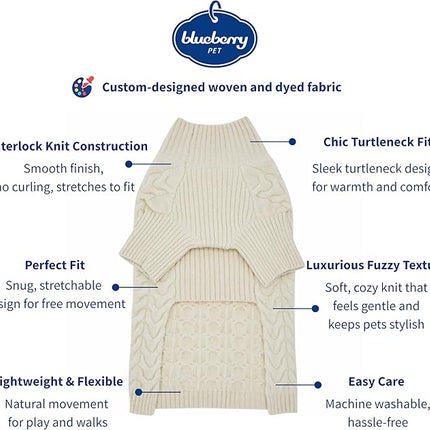 Blueberry Pet Classic Fuzzy Textured Knit Pullover Turtle-Neck Dog Sweater in Ivory, Back Length 20", Pack of 1 Clothes for Dogs