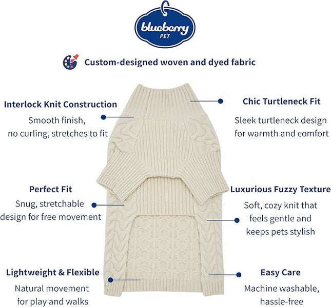 Blueberry Pet Classic Fuzzy Textured Knit Pullover Turtle-Neck Dog Sweater in Ivory, Back Length 20", Pack of 1 Clothes for Dogs