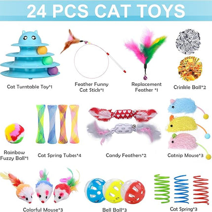 UPSKY 24 PCS Cat Toys, 3-Level Turntable Kitten Toys Set, Interactive Cat Roller Toys for Indoor Cats, Catnip Toys, Cat Teaser Toys, Mice Toys, Spring Toys, Various Ball Toys for Kitty