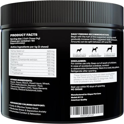 Calming Chews for Dogs with Hemp Oil - Dog Calming Treats with Duck Flavour - Aid During Thunderstorms, Fireworks, Separation, Car Rides - Hemp Dog Treats for Calming Support - 180 Chews