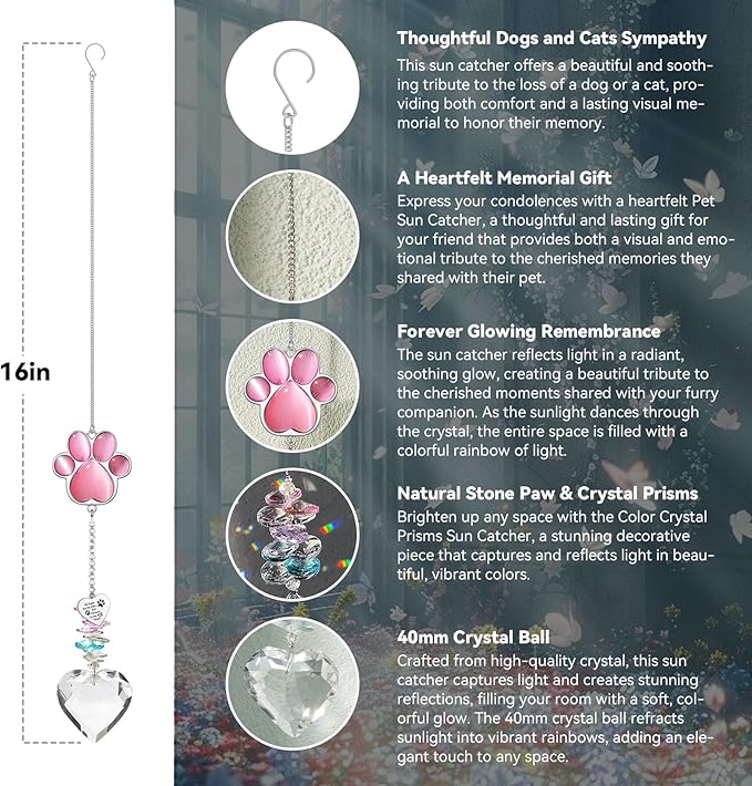 Pet Memorial Suncatcher - Dog Memorial Gifts, Pet Loss Sympathy, Thoughtful Dogs and Cats Bereavement Remembrance Gifts, Natural Cat's Eye Paw Crystal Suncatcher(Pink)