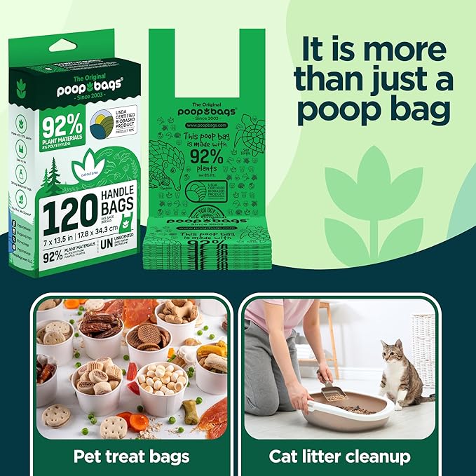 The Original Poop Bags® Tie-Handle Dog Waste Bags, 92% Plant-Based, USDA Certified, Heavy Duty, Large (120 Count (Pack of 1))