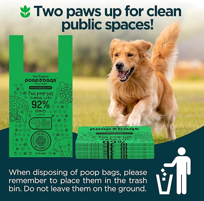 The Original Poop Bags® Tie-Handle Dog Waste Bags, 92% Plant-Based, USDA Certified, Heavy Duty, Large (120 Count (Pack of 1))
