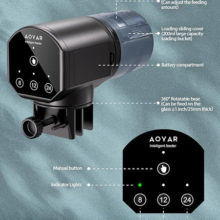Automatic Fish Feeder Dispenser for Aquarium: 200ml Large Capacity Auto Feeders for Small Tank Turtle Betta Koi - Battery Food Feeding Timer for Flakes Pellet Vacation Weekend Day