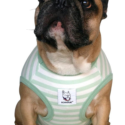 iChoue French Bulldog 100% Breathable Cotton Striped T Shirts Halloween Vest Clothes for Small Dogs Tank Tops Puppy Frenchie Pug English Boston Terrier Pitbull Green White Stripes - Medium