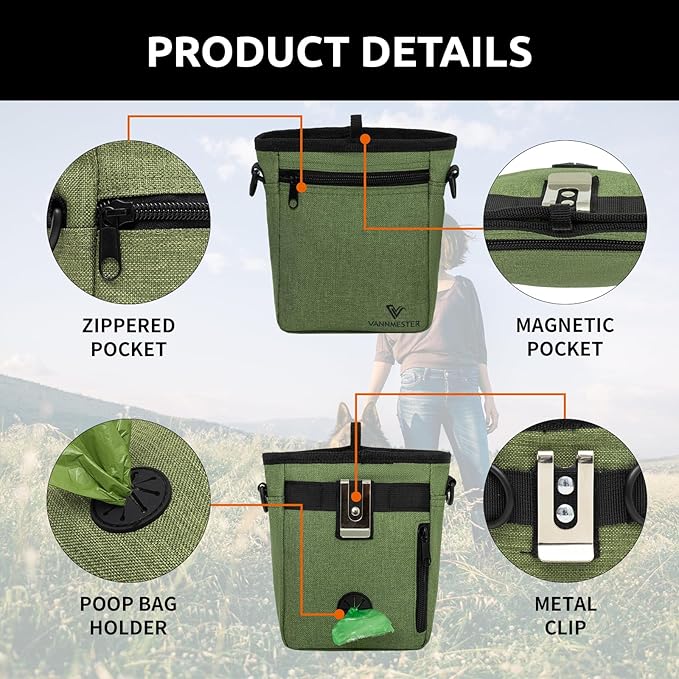 Dog Treat Pouch with Stronger Magnetic Closure Dog Treat Pouch 4 Cup Front Pocket fits All Phones Built-in Poop Bag Dispenser (Green)