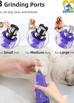 Casfuy Dog Nail Grinder Quiet - (45db) 6-Speed Pet Nail Grinder with 2 LED Lights for Large Medium Small Puppy Dogs/Cats, Professional 3 Ports Rechargeable Electric Dog Nail Trimmer with Dust Cap
