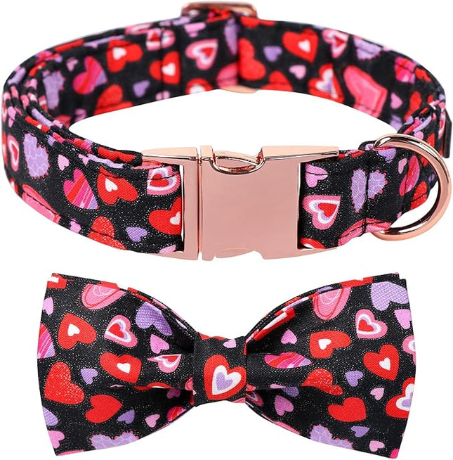 Lionet Paws Valentines Dog Collar Bowtie, Dog Bowtie Collar with Metal Buckle for Dogs, Adjustable Fabric Black Dogs Collars Girl Boy, S, Neck 10-16 in