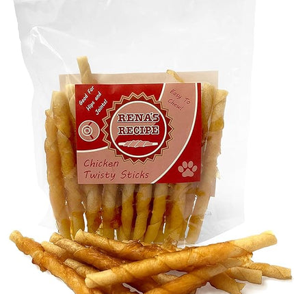 Rena's Recipe Chicken Twisty Sticks (8 oz) Rawhide Free Chicken Wrapped Soft Chews with Glucosamine for Joint Health