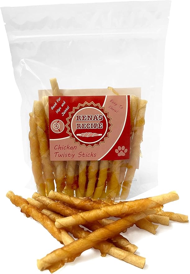 Rena's Recipe Chicken Twisty Sticks (8 oz) Rawhide Free Chicken Wrapped Soft Chews with Glucosamine for Joint Health
