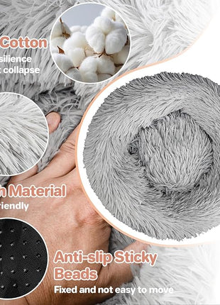 Cat Bed - Calming Cat Bed for Small Kittens Donut Washable Round for Indoor Kittens and Puppies, Anti-Slip Round Fluffy Plush Faux Fur, Small, Light Grey