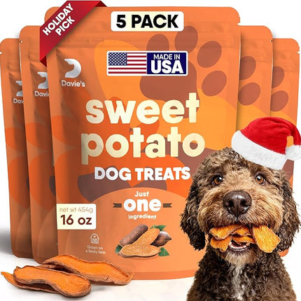 Davie's Sweet Potato Dog Treats - Healthy Dog Chews, Low Fat, Made in USA, 1 lb Bag - Pack of 5