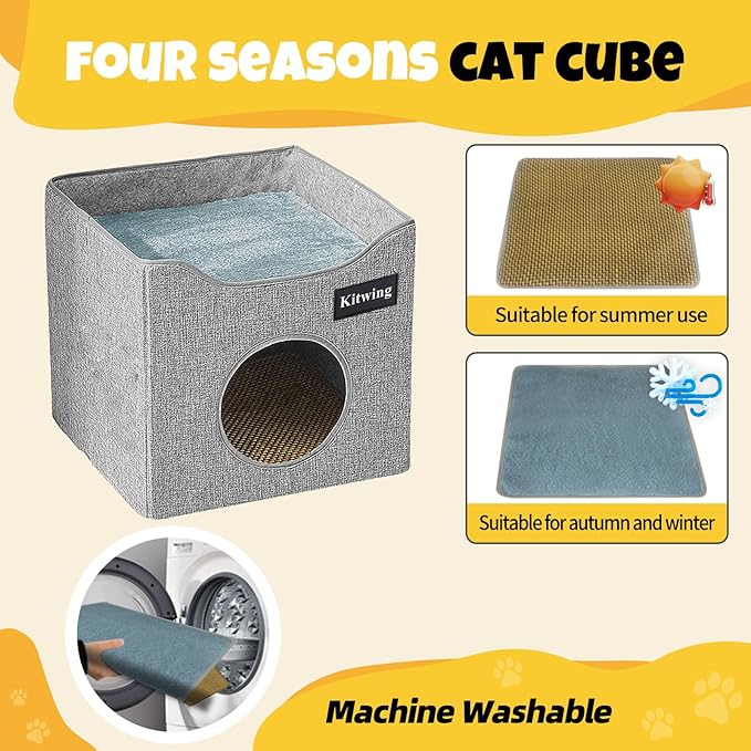 Cat Bed for Indoor Cats, Foldable Cat Hideaway Double Decker Cat House with Scratch Plate, Removable Cat Stuff and Washable Cat Cave for 1-2 Cats, 15.4x15.4x12.8 inches, Grey