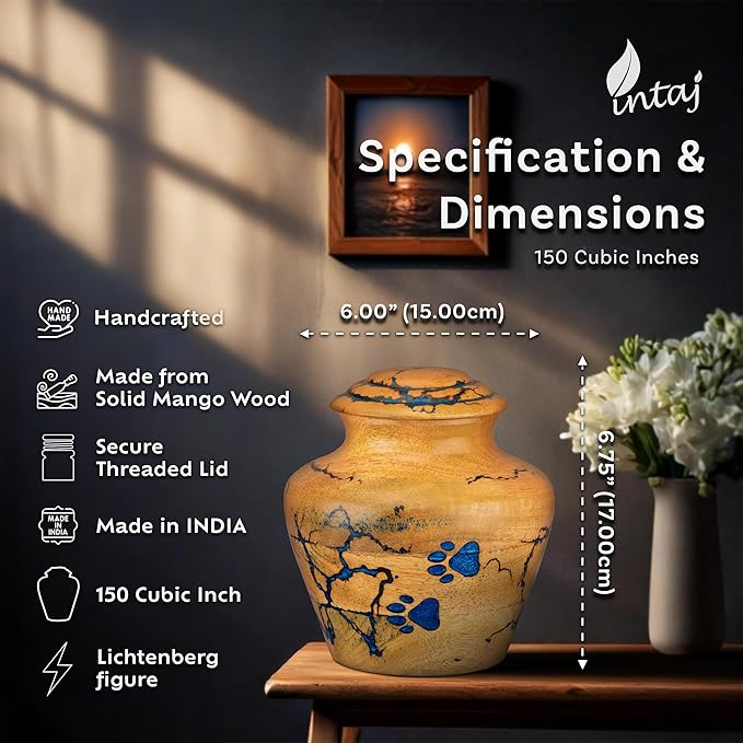 INTAJ Wooden Pet Urns for Dogs/Cats Ashes - Blue Resin Paws & Lichtenburg Design - Keepsake Cremation Urn Box, Pet Memorial Wooden Urns for Ashes, Small to Large Sizes (Classic, Medium)